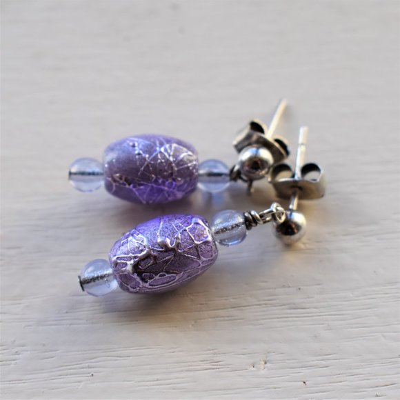 Purple Glass and Sterling Silver Dangle Earrings - Picture 3 of 5